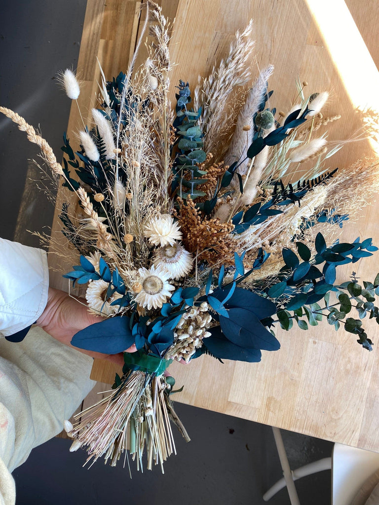 hiddenbotanicsweddings Dark Blue Eucalyptus & Pampas Grass Boho Bridal Bouquet / Pampas grass dried grasses bouquet / dried flower bouquet / boho bridal bouquet
