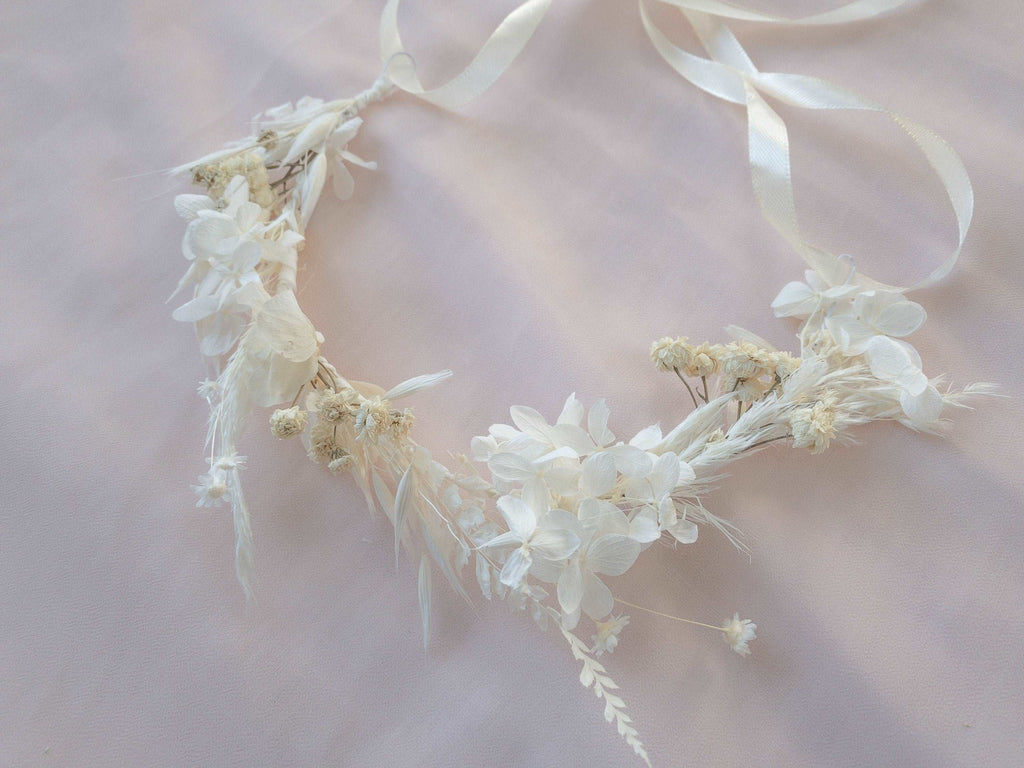 hiddenbotanicsweddings Hair Crowns All White Hydrengea Wedding Half Crown / Baby's Breath Dried Grasses Crown / Dried Flower Crown / Boho Bridal Crown
