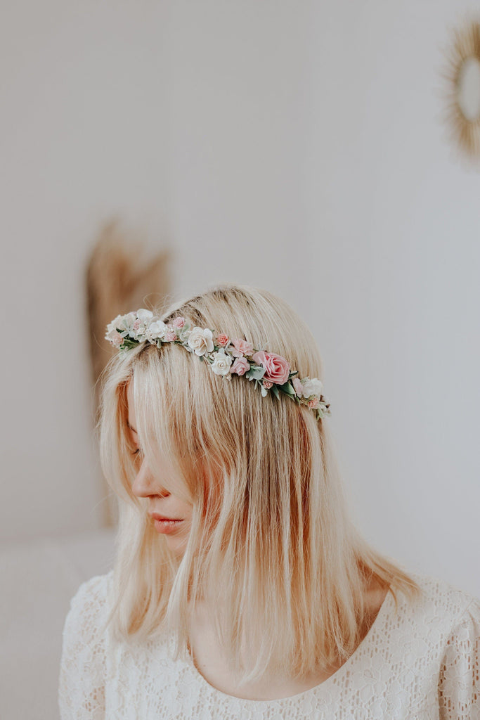hiddenbotanicsweddings Hair Crowns Pastel Pink Dainty Flower Crown, Lace Fabric Ribbon, Mullberry Paper Roses,Peony Crown, Blush Pink & Cream Roses