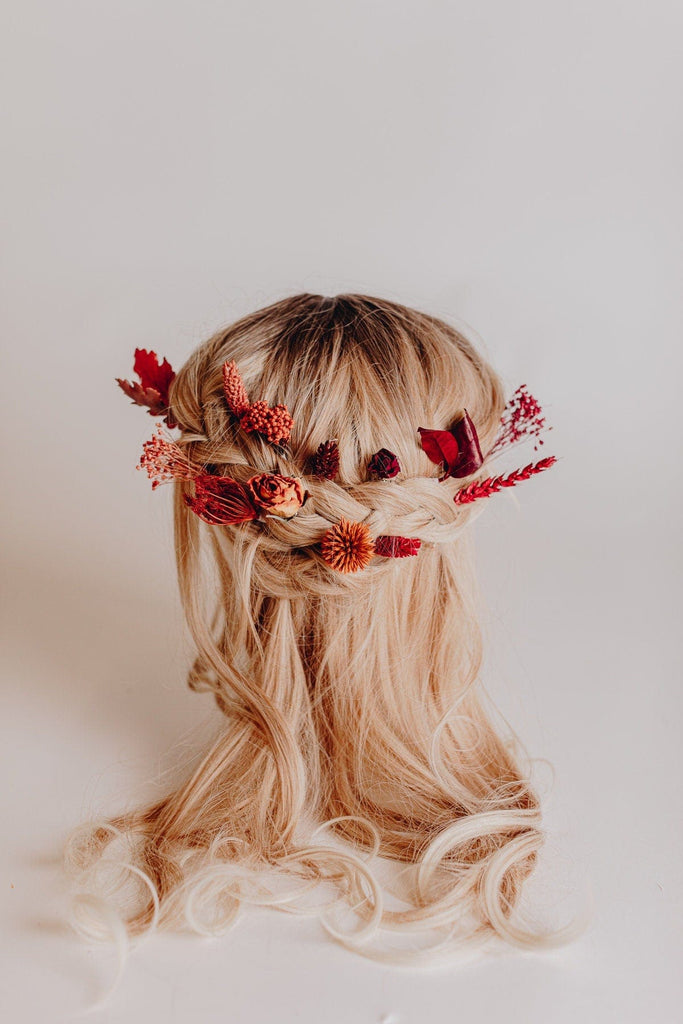 hiddenbotanicsweddings Hair Pin Sets Red Dried Roses & Echinops Thistle Hair Pins Set, Boho Hair Pins, Wedding Hair Pins, Flower Pin Set