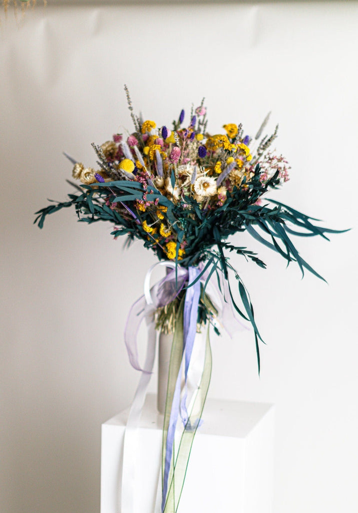 hiddenbotanicsweddings Wildflower Yellows and Pink Bridal bouquet / Preserved Eucalyptus Bouquet / Summer Bouquet / boho bride spring flowers
