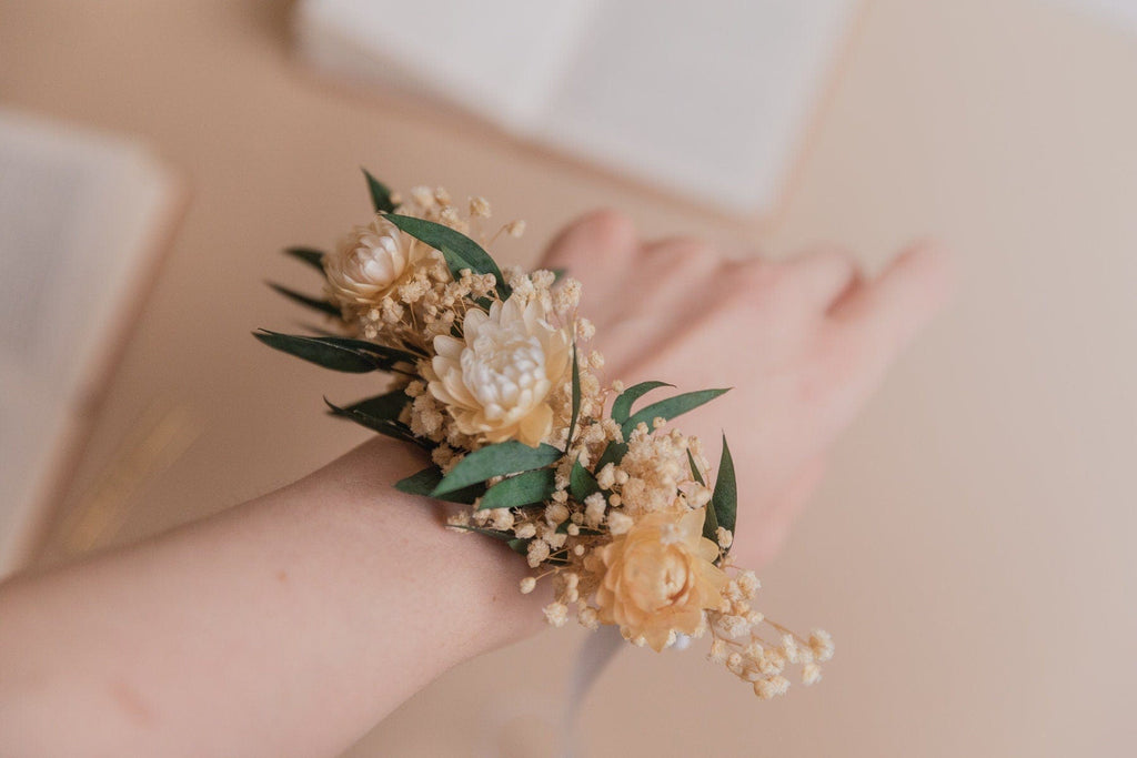 hiddenbotanicsweddings Wrist Corsages Preserved Eucalyptus & Straw Flowers Wrist Corsage  / Gypsophila Wrist Corsage / Flower Bracelet