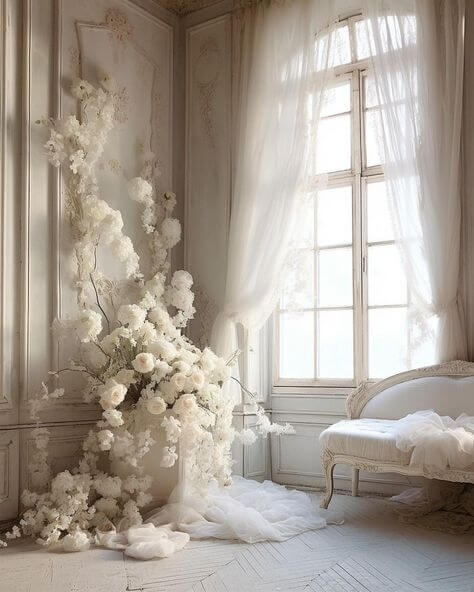 A serene room featuring a cascade of white flowers beside a window with sheer curtains and a chaise lounge, creating a romantic, ethereal ambiance.
