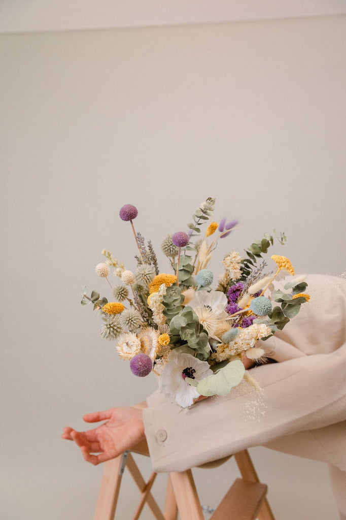 hiddenbotanicsweddings Black Eyed Anemone & Dried eucalyptus Wildflower bridal bouquet / Lilac Billy balls bouquet / Boho bride spring flowers / Greenery Bouquet