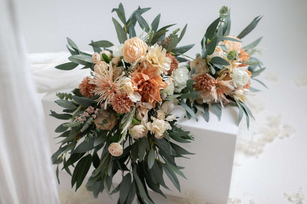 hiddenbotanicsweddings Bouquets Artificial Flowers Bridal Bouquet - Forest Green & Peach