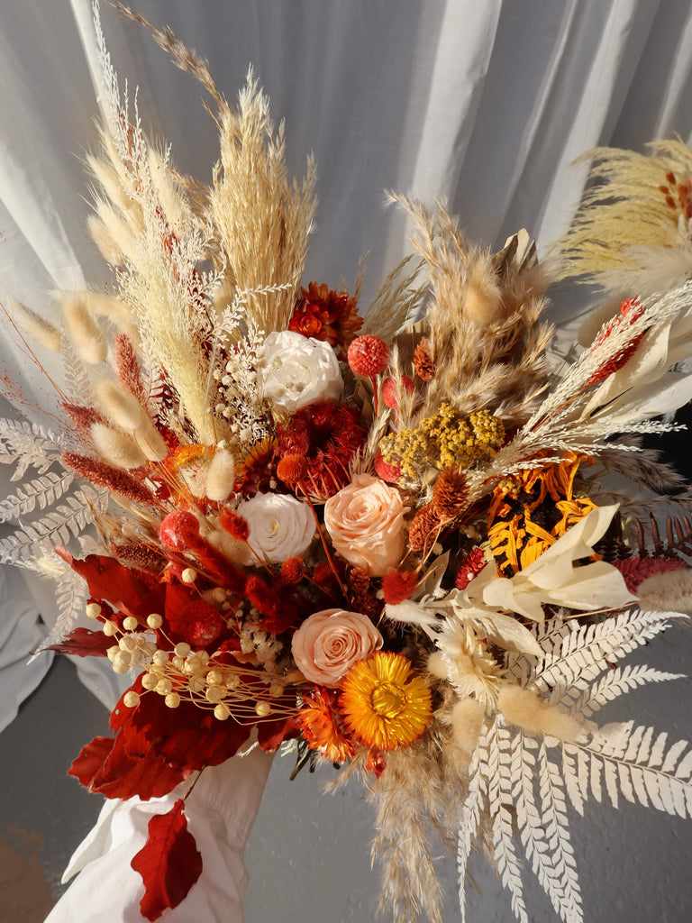 hiddenbotanicsweddings Bouquets Colourful Dried Flowers Bridal Bouquet - Autumn Peach & Red