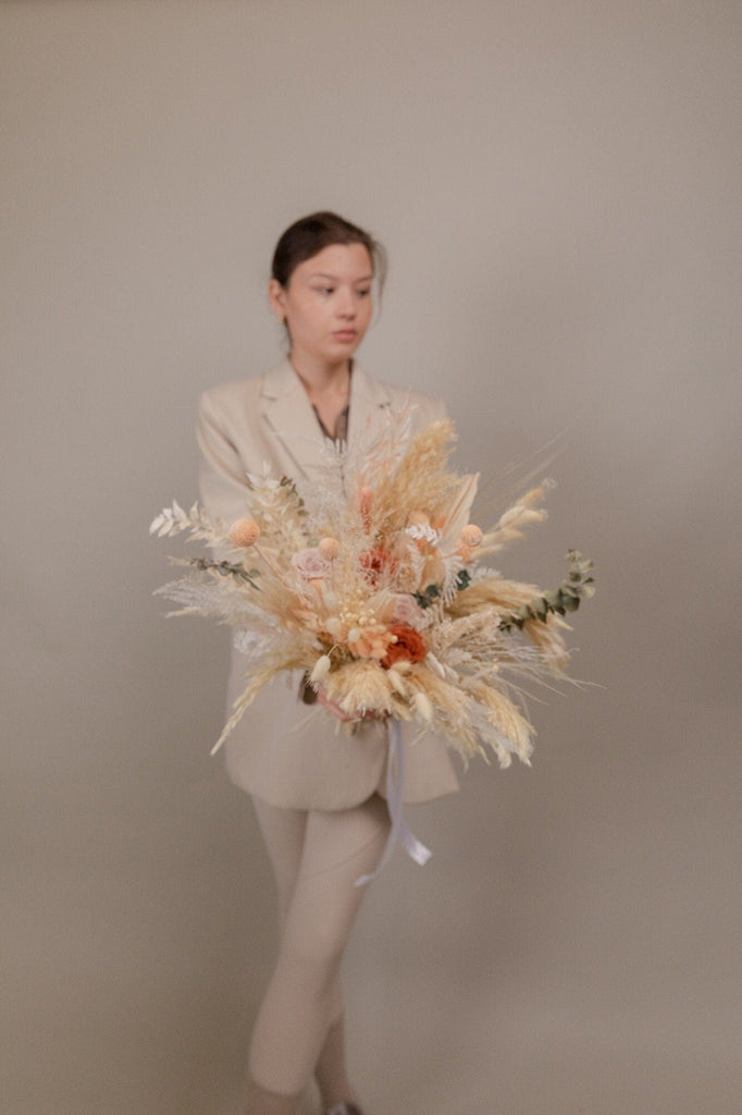 hiddenbotanicsweddings Burnt Orange & Nude Tones Peachy Bridal Bouquet / Eternal Roses and Preserved Fern