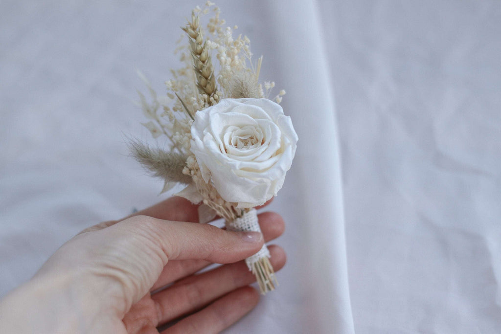 hiddenbotanicsweddings Buttonholes/Boutonnieres Bleached Gypsophila Lapel Pin and Natural Dried Flowers Boutonniere Preserved Rose Buttonhole / Boho Boutonnaire