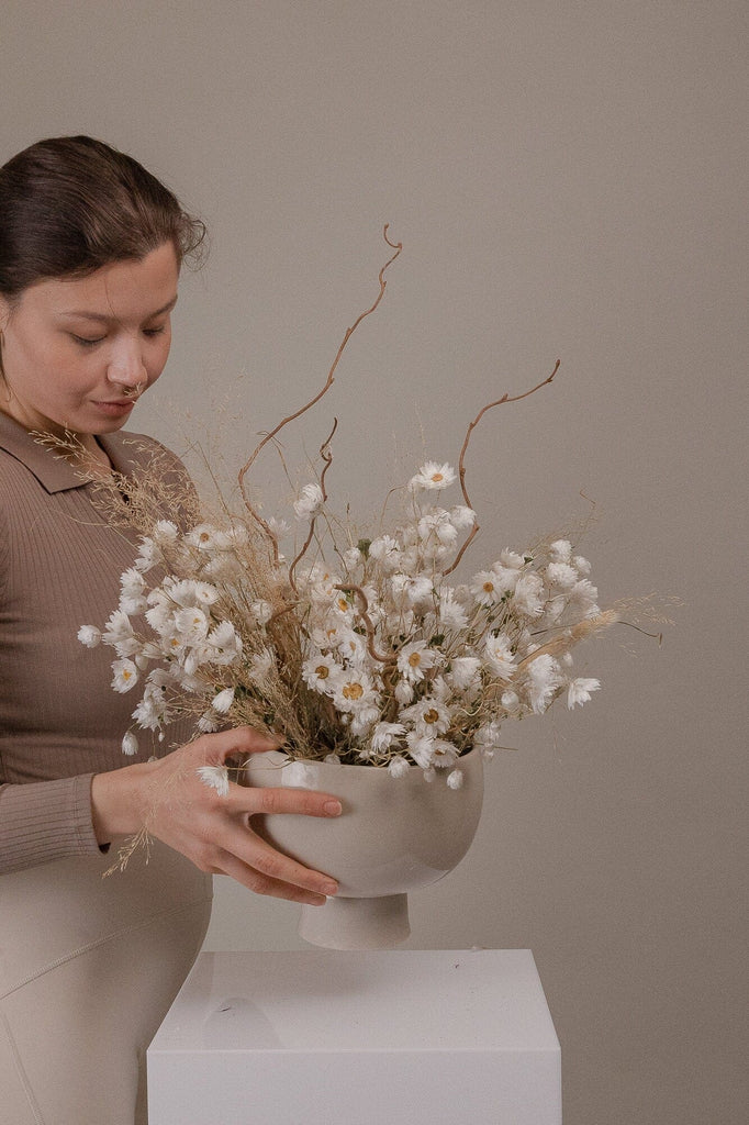 hiddenbotanicsweddings Dried Daisies & Hazel Branches Wabi Sabi Loose Flowers Centerpiece and Vase Arrangement