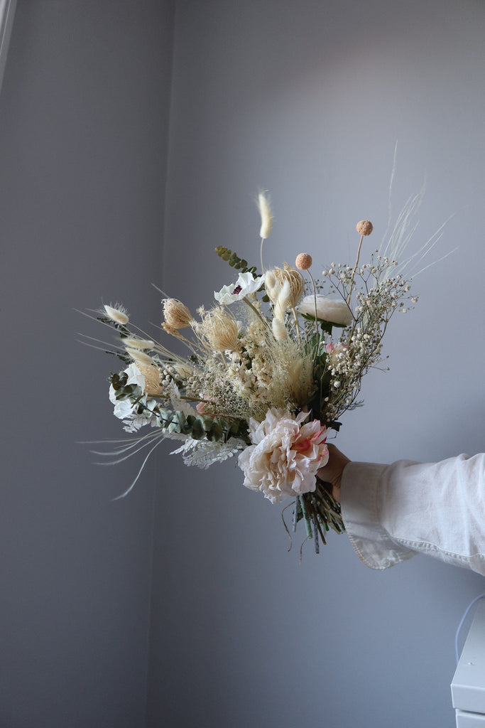 hiddenbotanicsweddings Dried Eucalyptus, Nude Tones Dried Wildflowers / Artificial Black Eyed Anemone Bouquet / Bridal Boho Wedding Bouquet / Pink Bouquet / Peach