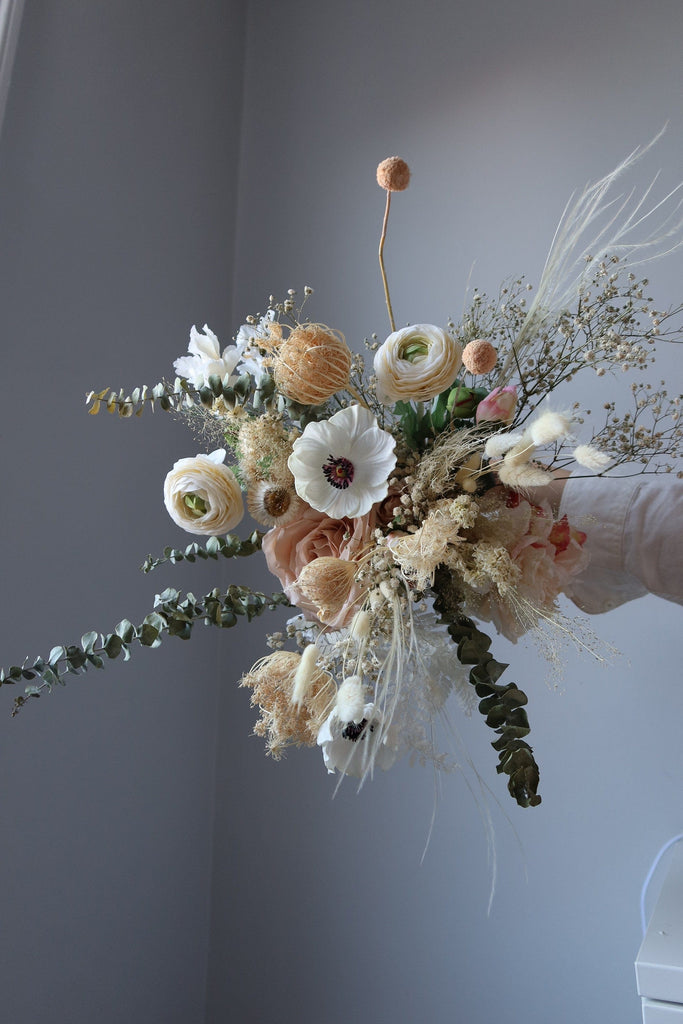 hiddenbotanicsweddings Dried Eucalyptus, Nude Tones Dried Wildflowers / Artificial Black Eyed Anemone Bouquet / Bridal Boho Wedding Bouquet / Pink Bouquet / Peach