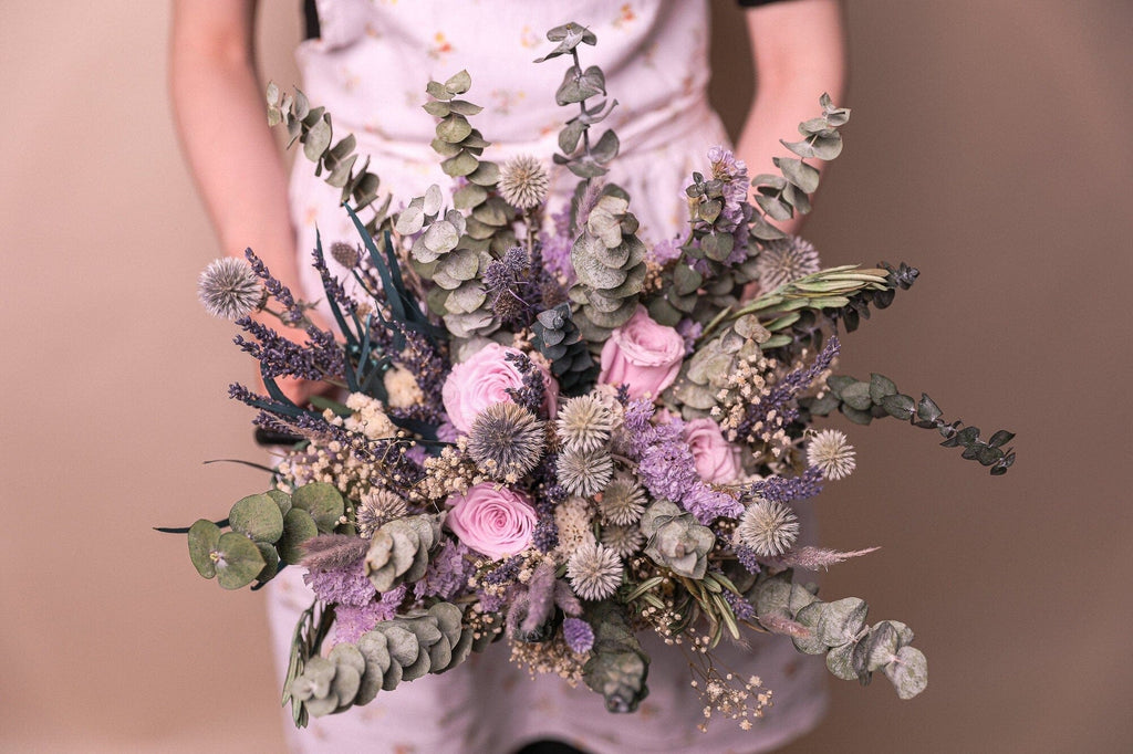 hiddenbotanicsweddings Dried Pale Eucalyptus, Scottish Globe Thistles & Lilac Eternal Roses Wildflower bridal bouquet / Lilac Wedding Bouquet / Purple Wedding