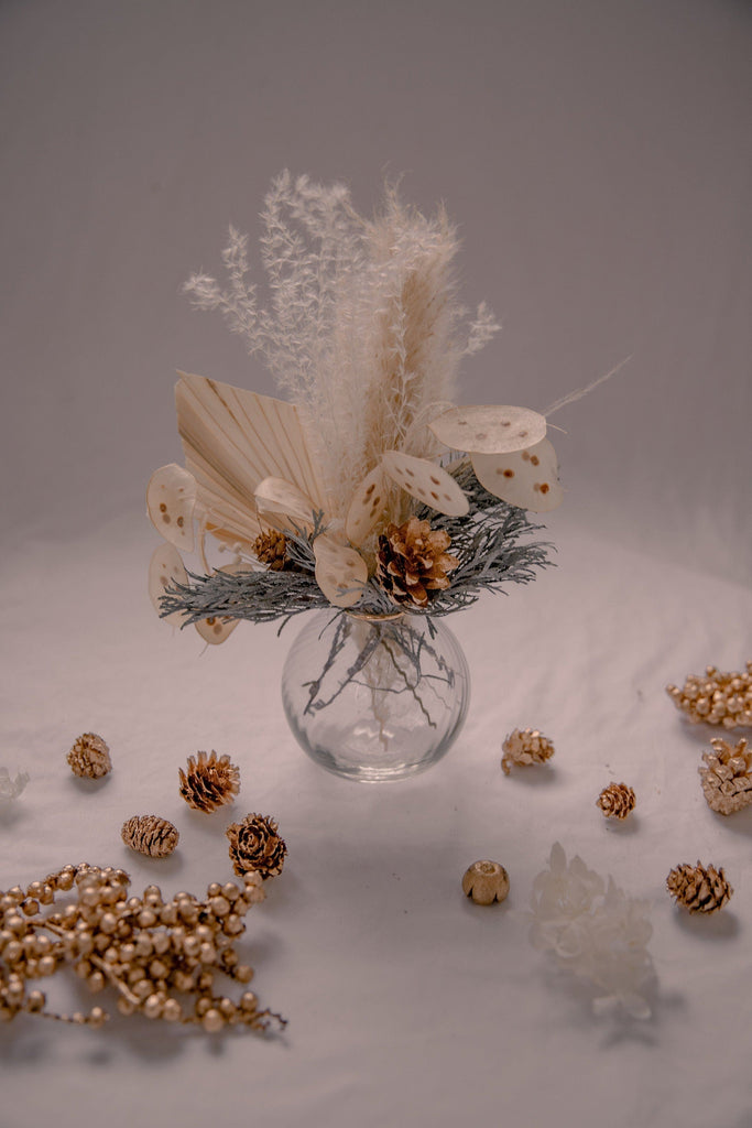 hiddenbotanicsweddings Floral Home Decorations Preserved Gold Pine Cones Bud Vase Arrangement / Dusty Pine Leaves & Dried Palm Spear Floral Vase Arrangement / Christmas Decoration