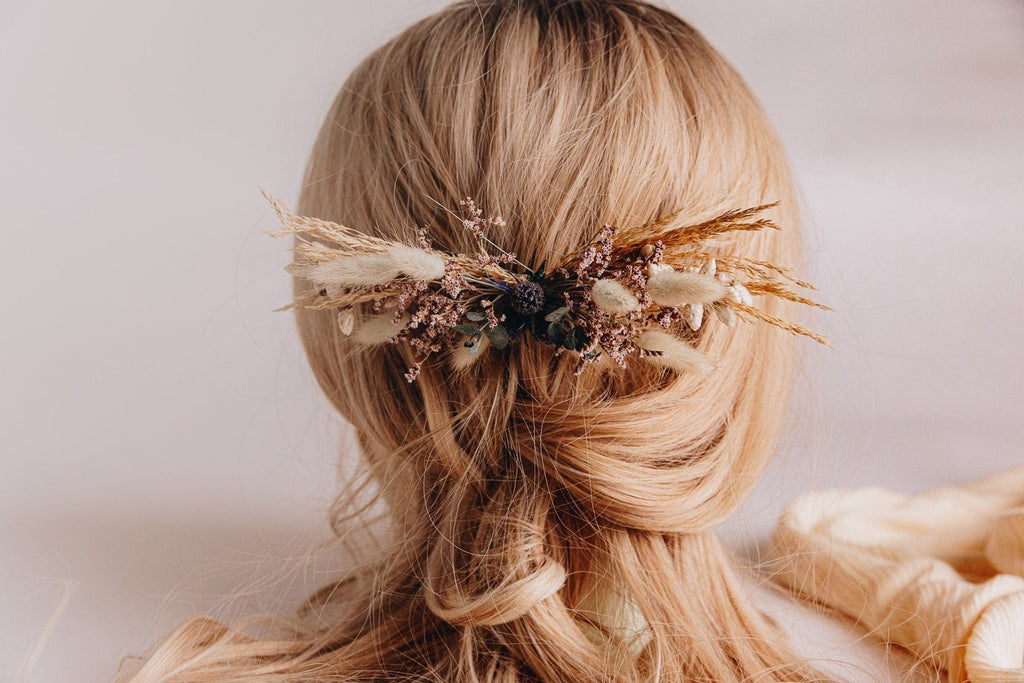 hiddenbotanicsweddings Hair Combs Sea Lavendeer & Scottish Thistle, Pampas Grass Hair Comb / Bridal Boho Wedding Comb