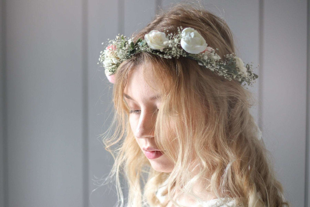 hiddenbotanicsweddings Hair Crowns Blush Pink Peony and Little Baby's Breath Bridal Flower Crown with silk roses