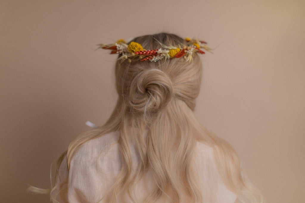 hiddenbotanicsweddings Hair Crowns Burnt Orange & Yellow Hair Crown Wedding Boho Set / Wedding Dried Flowers