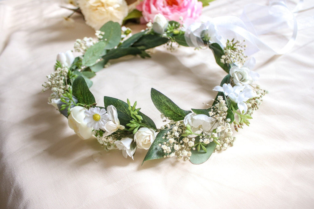 hiddenbotanicsweddings Hair Crowns Dried Baby's Breath, Silk Daisy and Eucalyptus Wedding Crown with small white roses