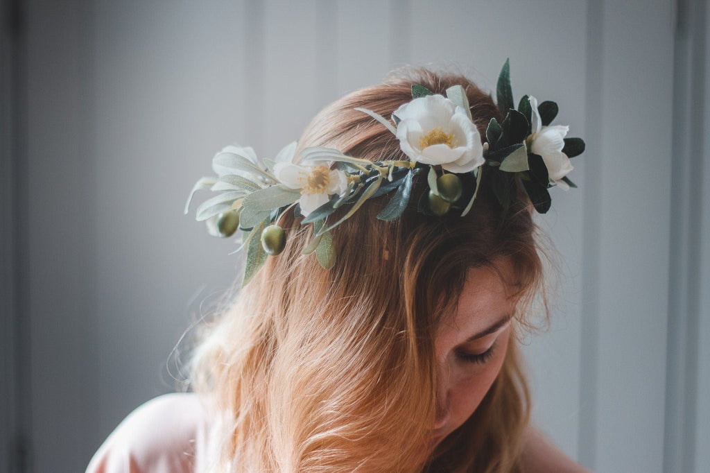 hiddenbotanicsweddings Hair Crowns Olive branch wedding crown, olive leaves and cream blossoms, wedding crown, boho wedding crown, Greek style wedding crown
