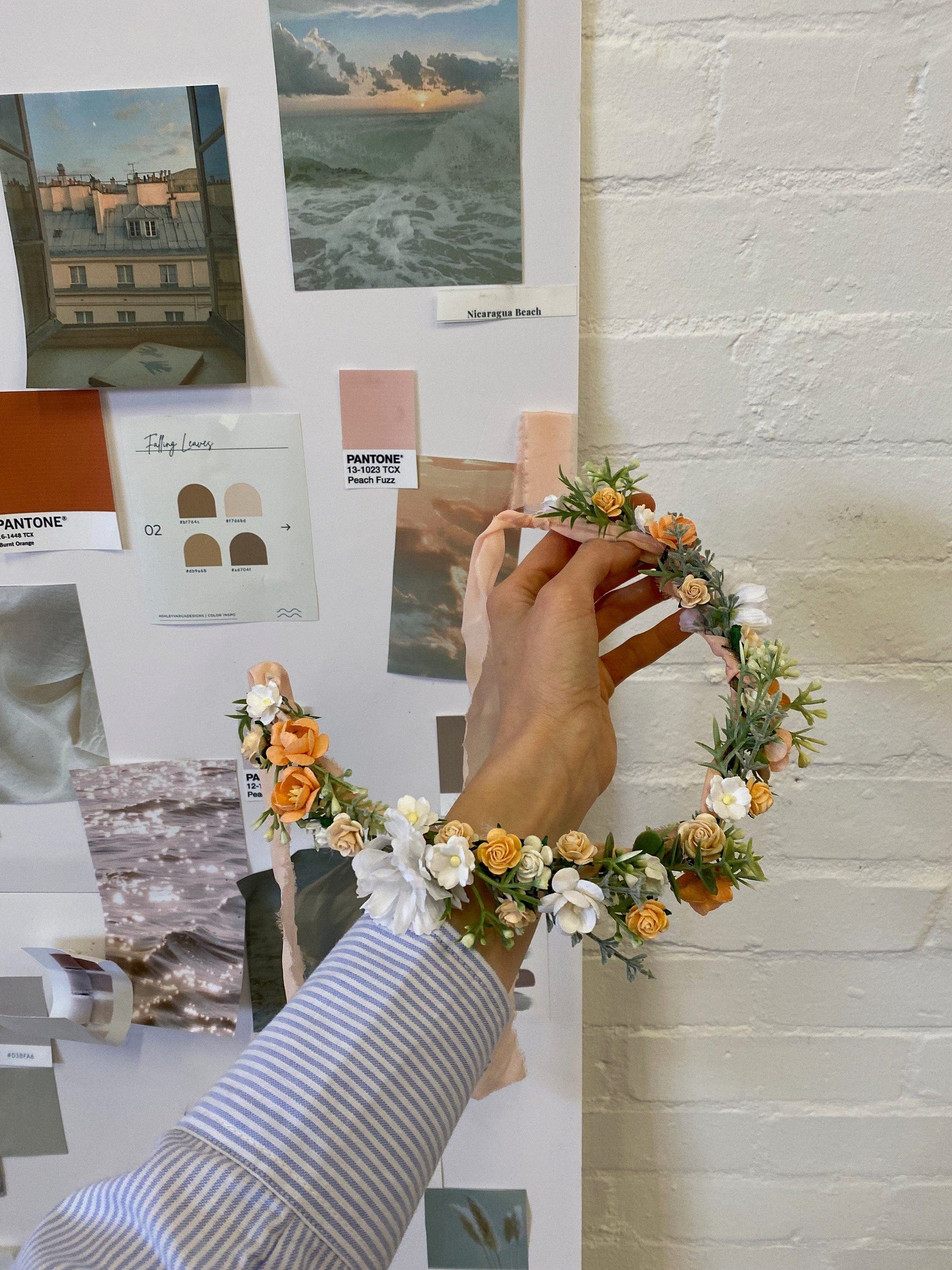 Bridal Circlet Headpiece Garland Peaches and hot Cream Roses