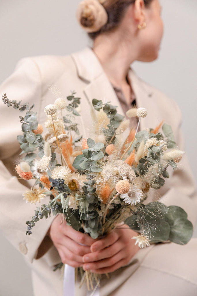 hiddenbotanicsweddings Pastel Peach & Green Wildflower Bouquet / Dried Eucalyptus Bouquet / Colourful Bouquet / White Bouquet / Salmon Bouquet / Boho Bride
