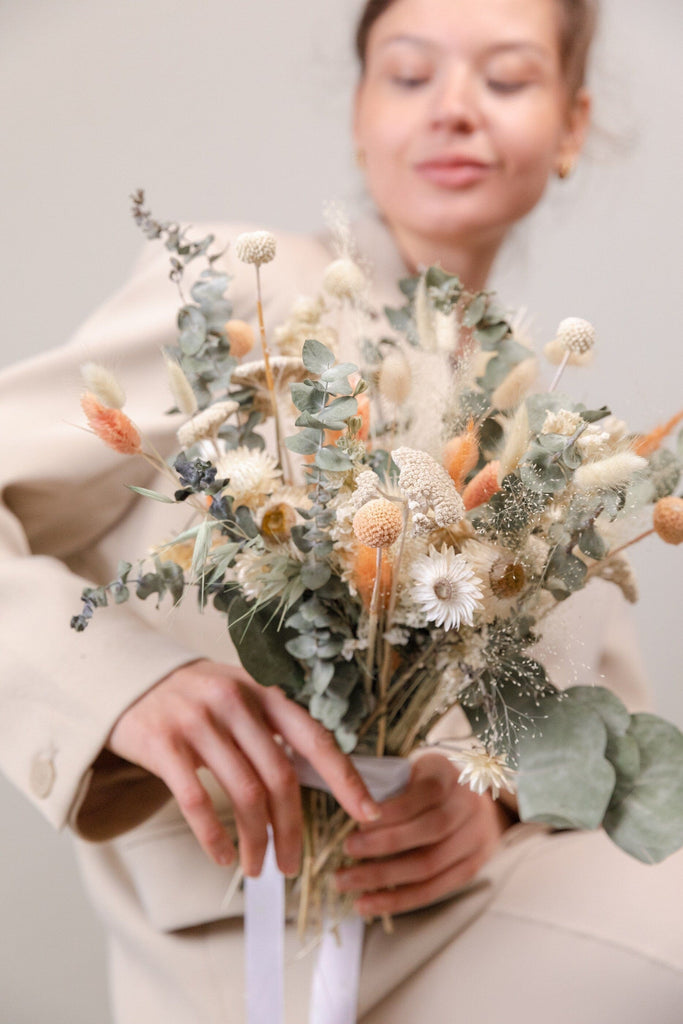 hiddenbotanicsweddings Pastel Peach & Green Wildflower Bouquet / Dried Eucalyptus Bouquet / Colourful Bouquet / White Bouquet / Salmon Bouquet / Boho Bride