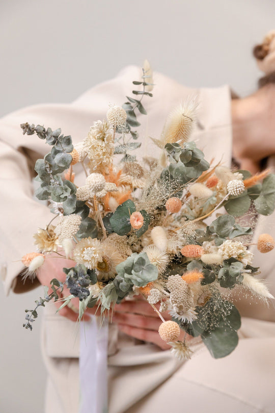 Pastel Peach & Green Wildflower Bouquet / Dried Eucalyptus Bouquet / C –  hiddenbotanicsweddings