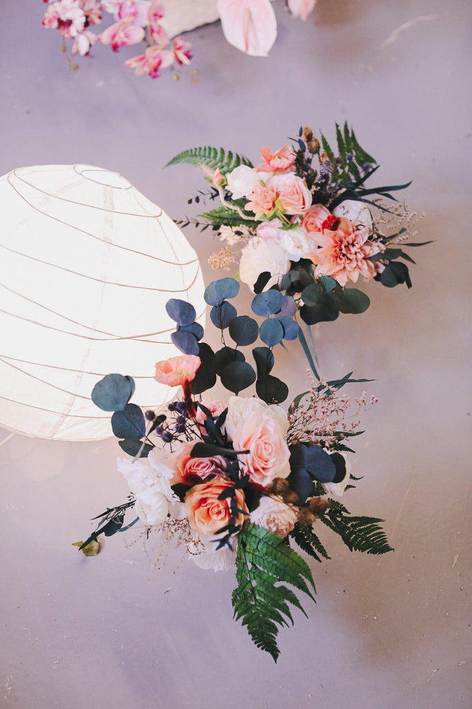 hiddenbotanicsweddings 2 Pieces Wedding Rustic Centerpiece With Preserved Eucalyptus Flowers / Fower decoration - Cream & Peach Artificial Flowers