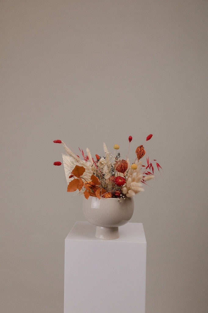 hiddenbotanicsweddings Autumn Leaves Burnt Orange Dried Flowers with Palm Leaf Loose Flowers Centerpiece and Vase Arrangement