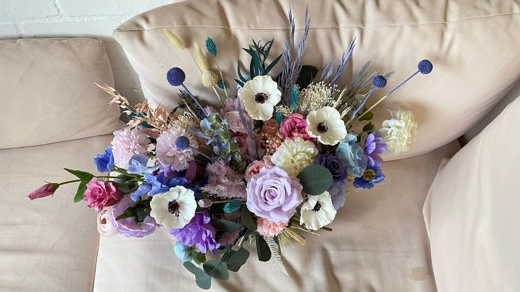 hiddenbotanicsweddings Black Eyed Anemone and Pastel Wildflowers Bridal Bouquet / Pastel Pink and Lilac with Blue Bridal Bouquet / Spring Bouquet / Summer Bouquet