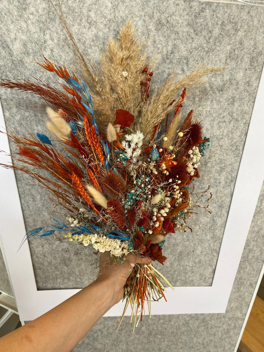 Custom mix of red, green, blue, white dried flowers, gyp, branches