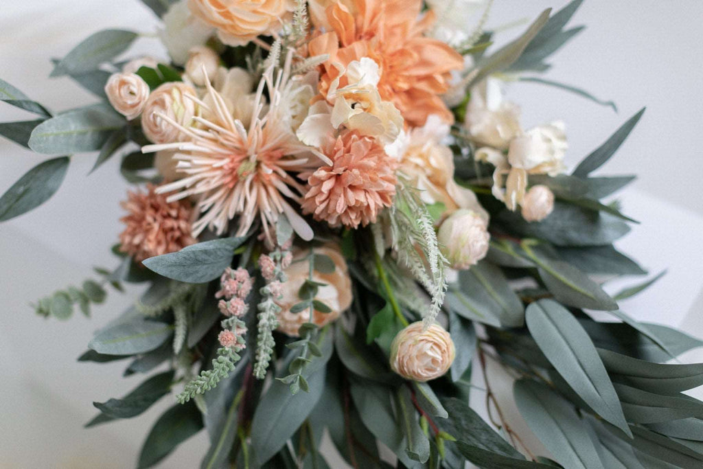 hiddenbotanicsweddings Bouquets Artificial Flowers Bridal Bouquet - Forest Green & Peach