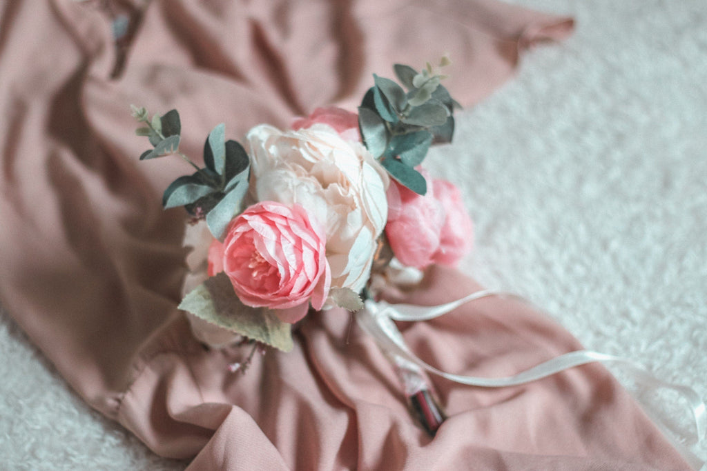 hiddenbotanicsweddings Bouquets Artificial Flowers Bridal Bouquet - Ivory White & Pink