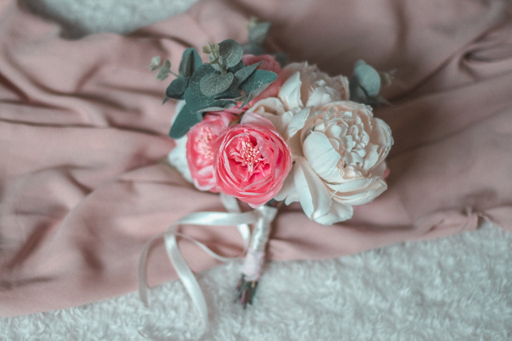 hiddenbotanicsweddings Bouquets Artificial Flowers Bridal Bouquet - Ivory White & Pink