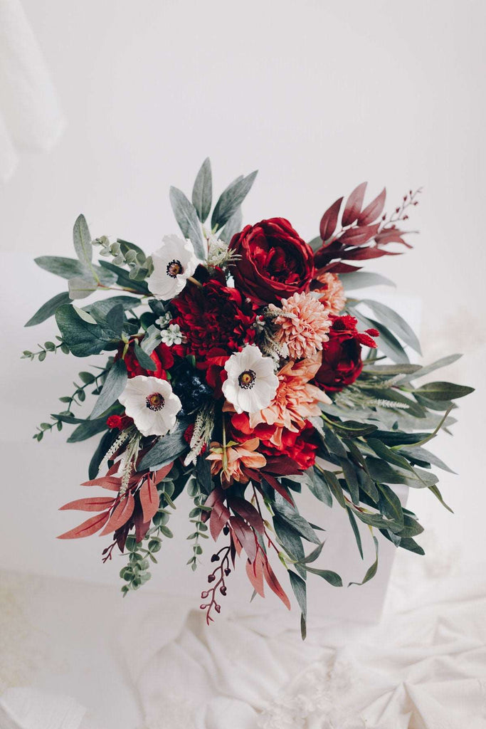 hiddenbotanicsweddings Bouquets Colourful Artificial Flowers Bridal Bouquet - Burgundy Red & Peach