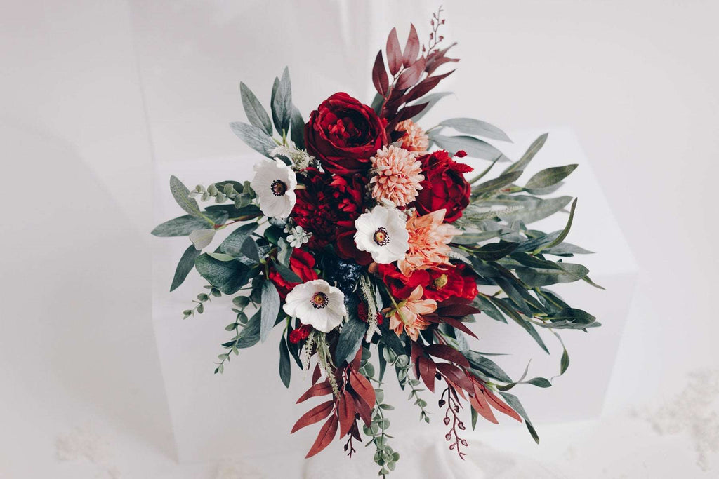hiddenbotanicsweddings Bouquets Colourful Artificial Flowers Bridal Bouquet - Burgundy Red & Peach
