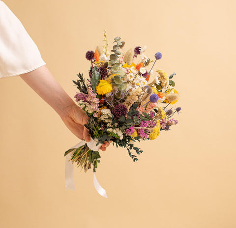 Colourful Dried Flowers Bridal Bouquet Forest Green & Yellow