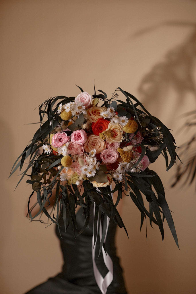 hiddenbotanicsweddings Bouquets Colourful Dried Flowers Bridal Bouquet - Forest Green & Peach