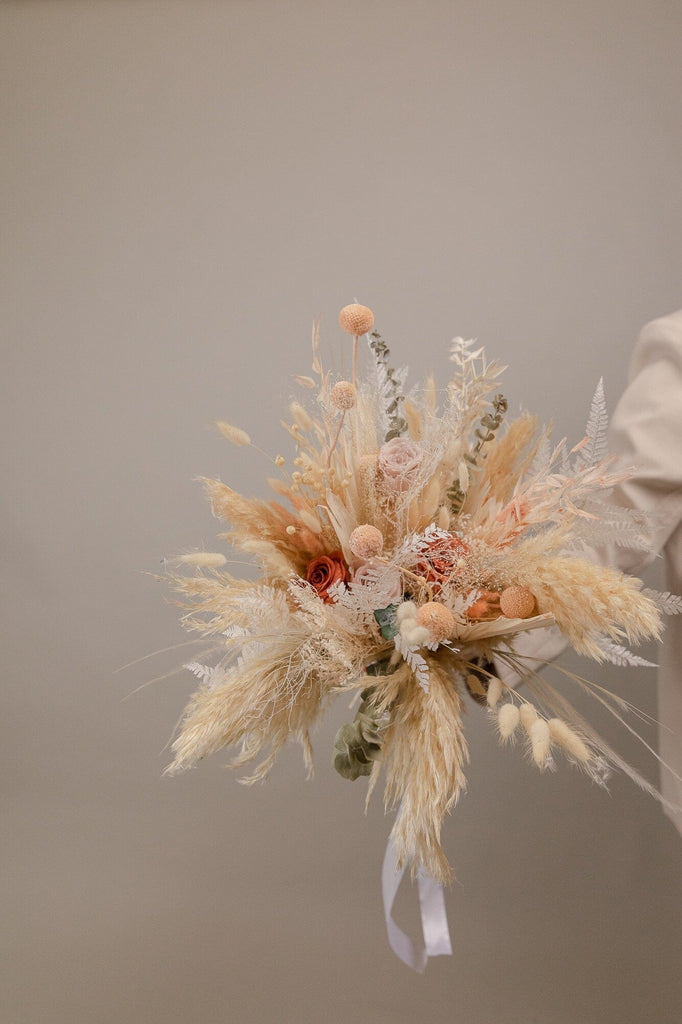 hiddenbotanicsweddings Burnt Orange & Nude Tones Peachy Bridal Bouquet / Eternal Roses and Preserved Fern