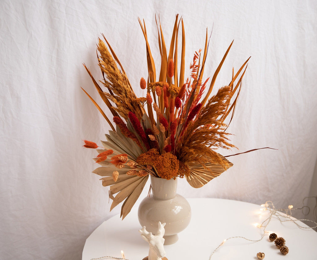hiddenbotanicsweddings Centerpieces Burnt Orange Pampas Grass & Gold and Orange Large Dried Palm Leaf Centerpiece and Vase Arrangement