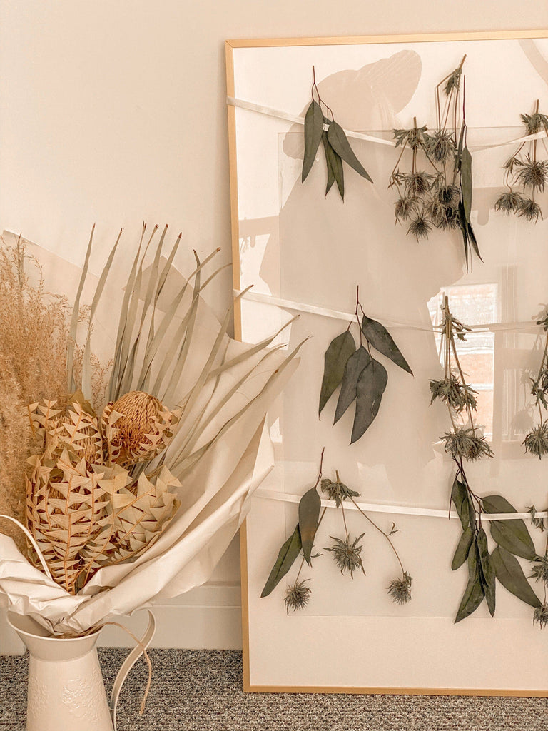 hiddenbotanicsweddings Centerpieces Wild Banksia and Big Palm Leaf Woodland Centerpiece / Centerpiece Design