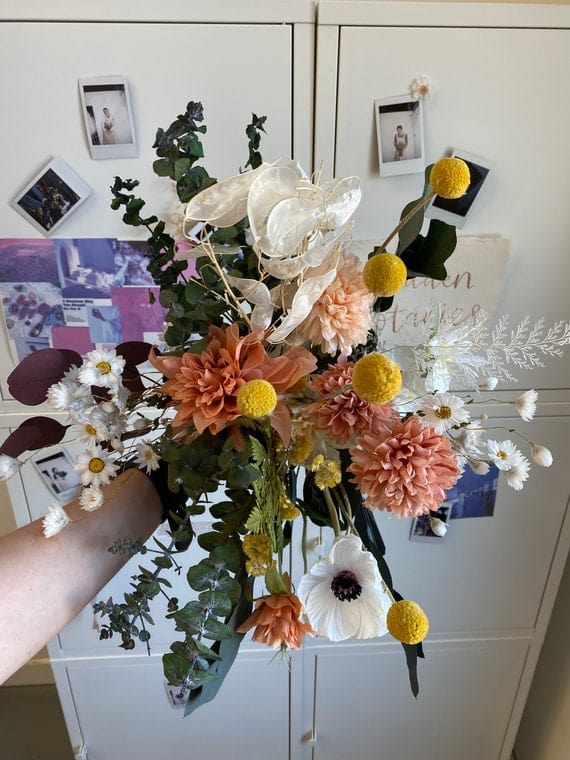 hiddenbotanicsweddings Colourful Dried & Artificial Flowers Bridal Bouquet - Forest Green & Peach
