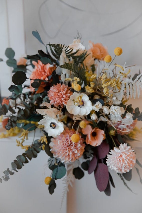 hiddenbotanicsweddings Colourful Dried & Artificial Flowers Bridal Bouquet - Forest Green & Peach