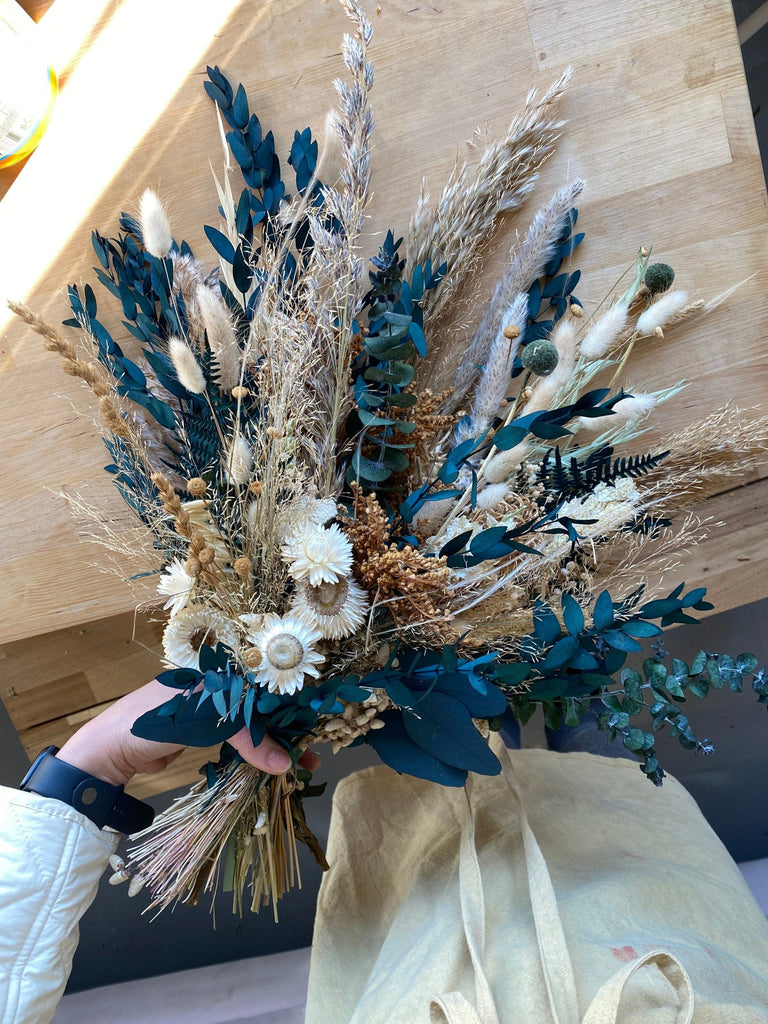 hiddenbotanicsweddings Dark Blue Eucalyptus & Pampas Grass Boho Bridal Bouquet / Pampas grass dried grasses bouquet / dried flower bouquet / boho bridal bouquet