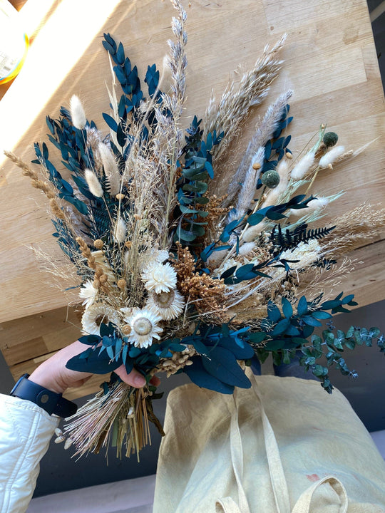 Dark Blue Eucalyptus & Pampas Grass Boho Bridal Bouquet / Pampas grass ...