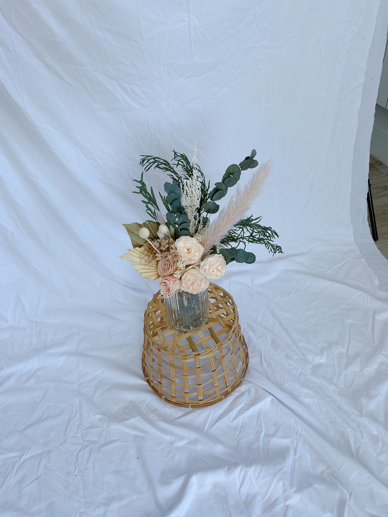 hiddenbotanicsweddings Floral Home Decorations everlasting roses centre piece, Dried Eucalyptus Preserved English Roses Floral Vase Arrangment / Eternal Blossoms with Palm Spear
