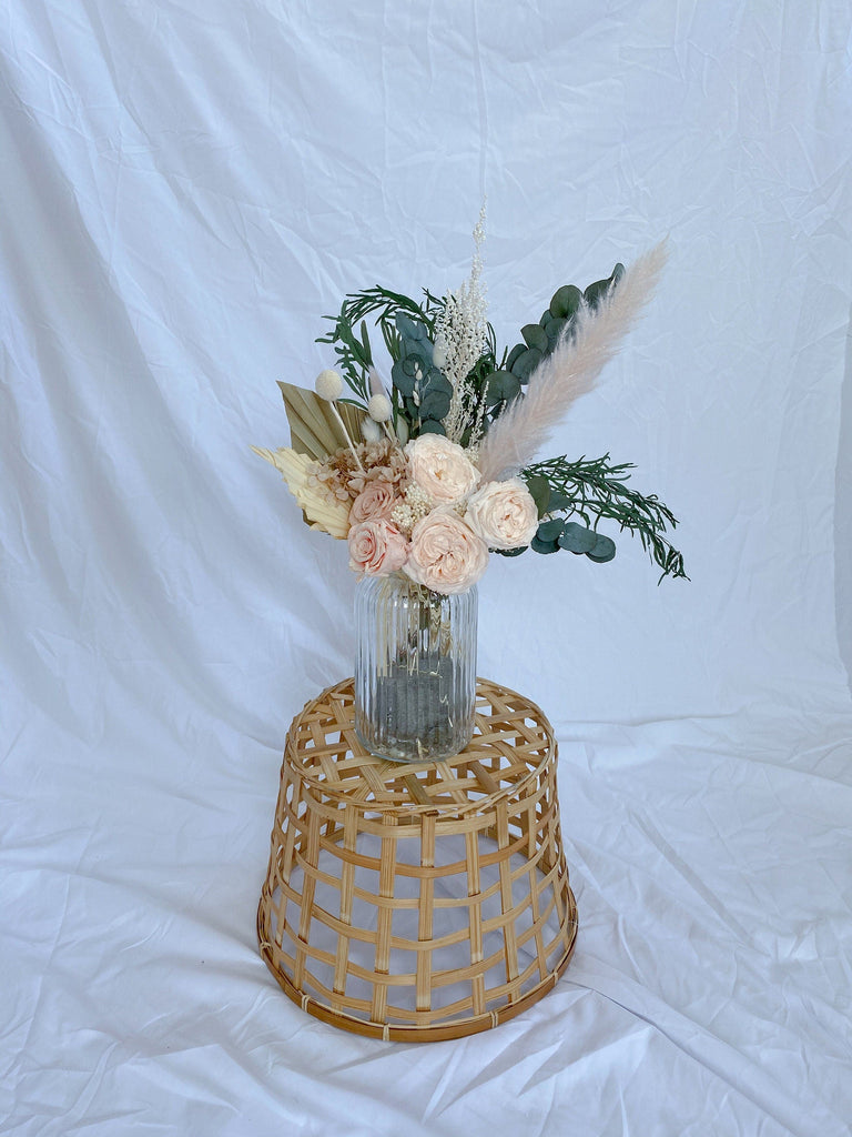 hiddenbotanicsweddings Floral Home Decorations everlasting roses centre piece, Dried Eucalyptus Preserved English Roses Floral Vase Arrangment / Eternal Blossoms with Palm Spear