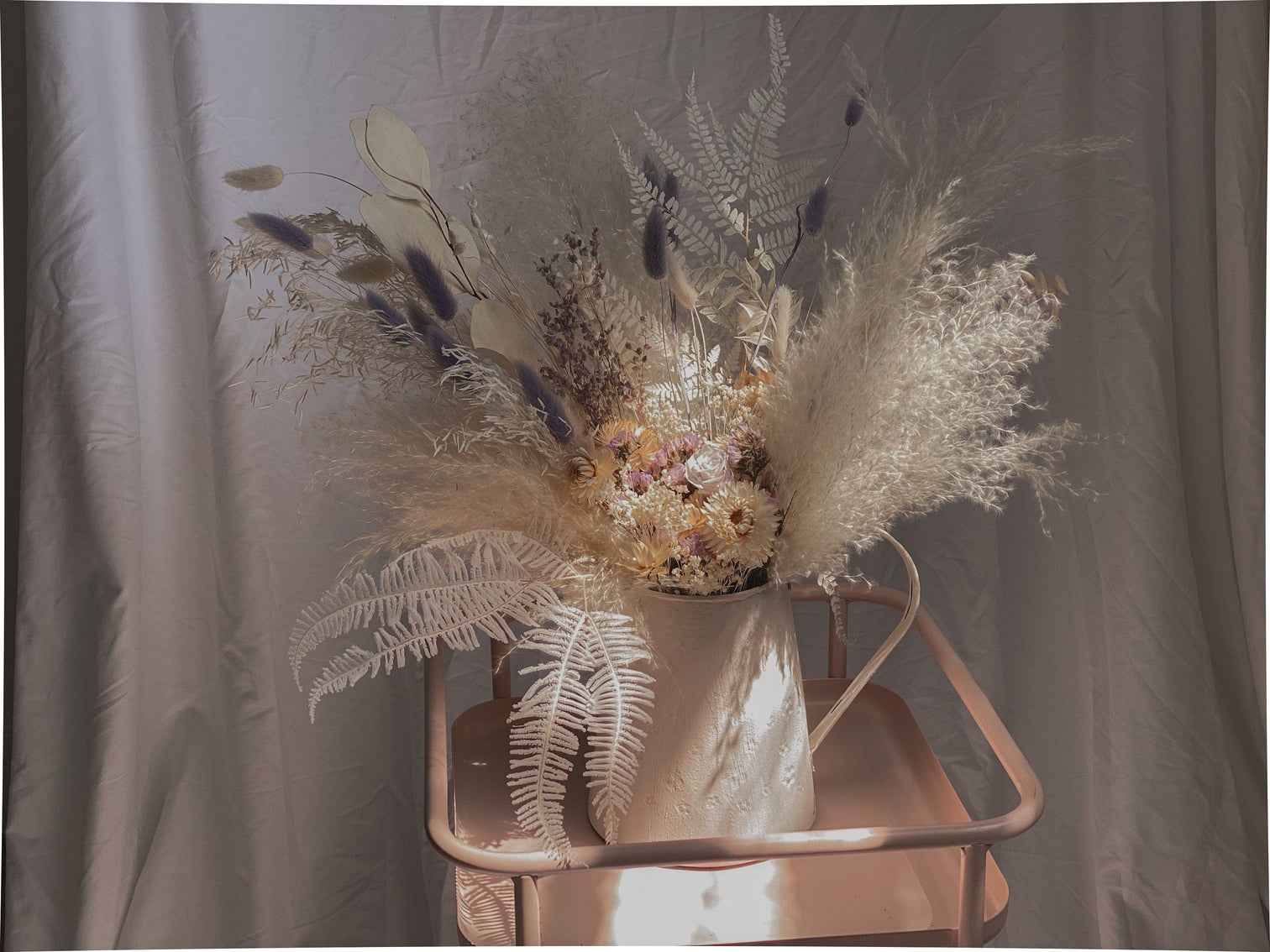 hiddenbotanicsweddings Floral Home Decorations Large Natural Pastel Lilac Bunny Tails / White Helichrysum Floral Vase Arrangment / White Pampas Grass