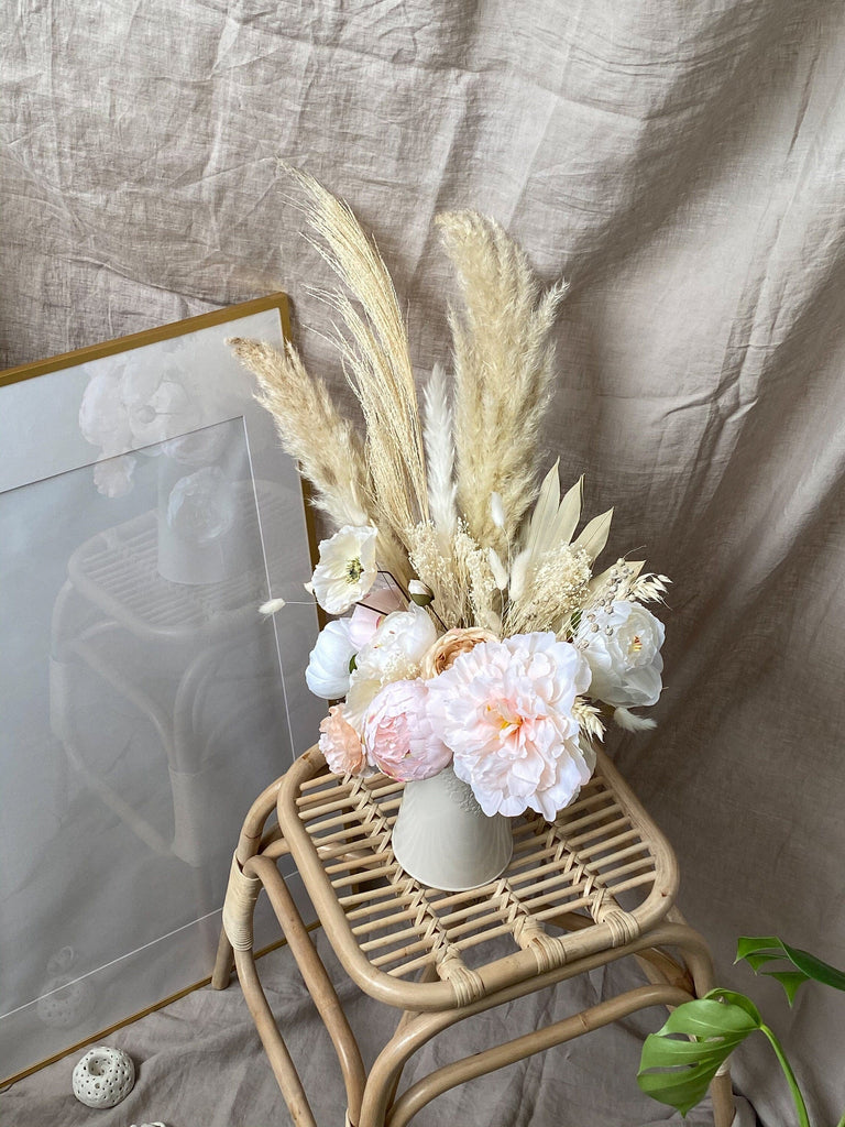hiddenbotanicsweddings Floral Home Decorations Pampas Grass Dried Palm Fan Vase Arrangement / Anemone Flowers Blush Peonies