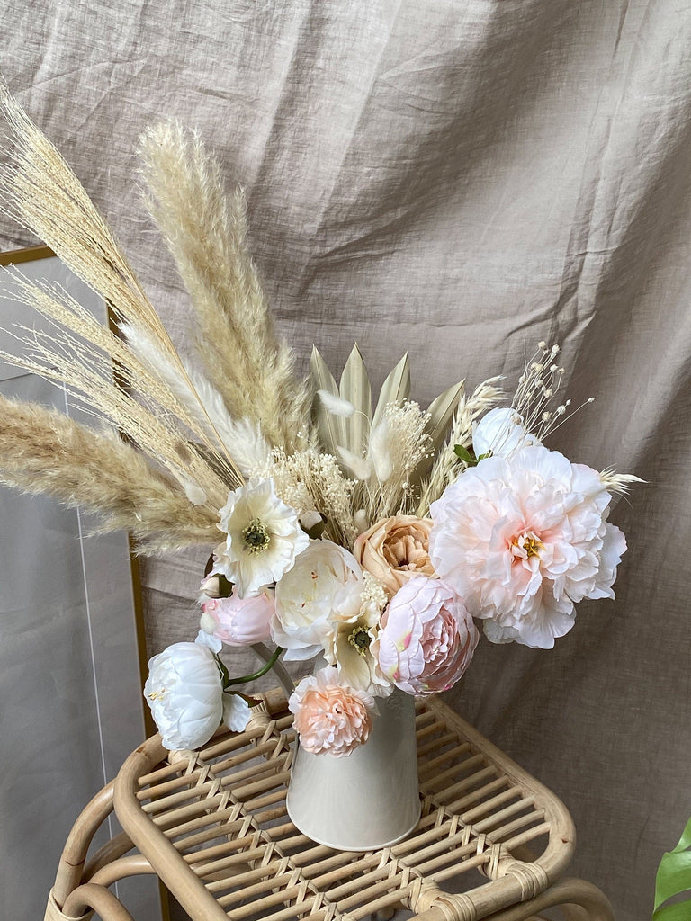 hiddenbotanicsweddings Floral Home Decorations Pampas Grass Dried Palm Fan Vase Arrangement / Anemone Flowers Blush Peonies