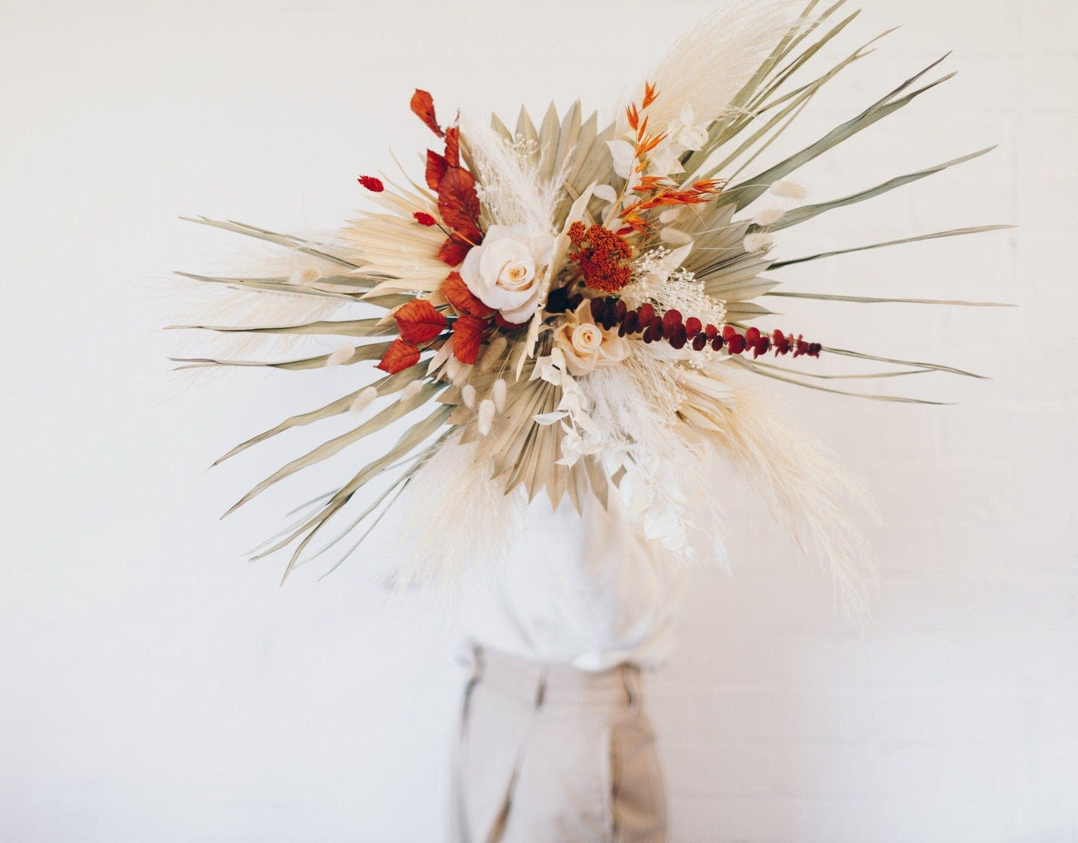 hiddenbotanicsweddings Floral Home Decorations Pampas Moongate Decoration Terracota & Red Orange Palm Arch Decoration Chuppah Decor, Wedding Arch Decor, Backdrop Decor